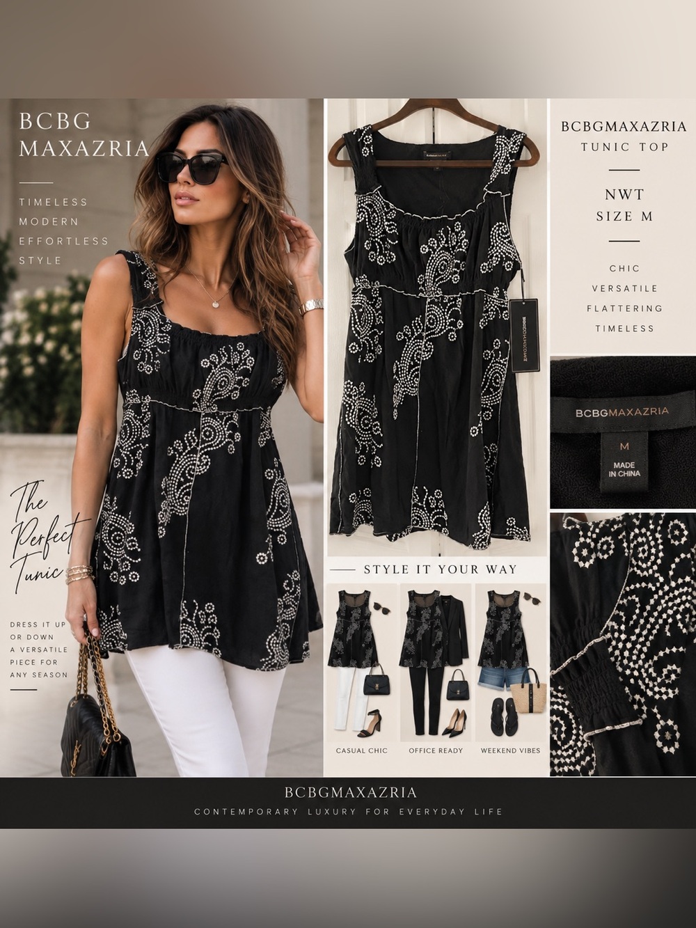 NWT- BCBGMaxAzria Black Tunic with White Embroidered Paisley